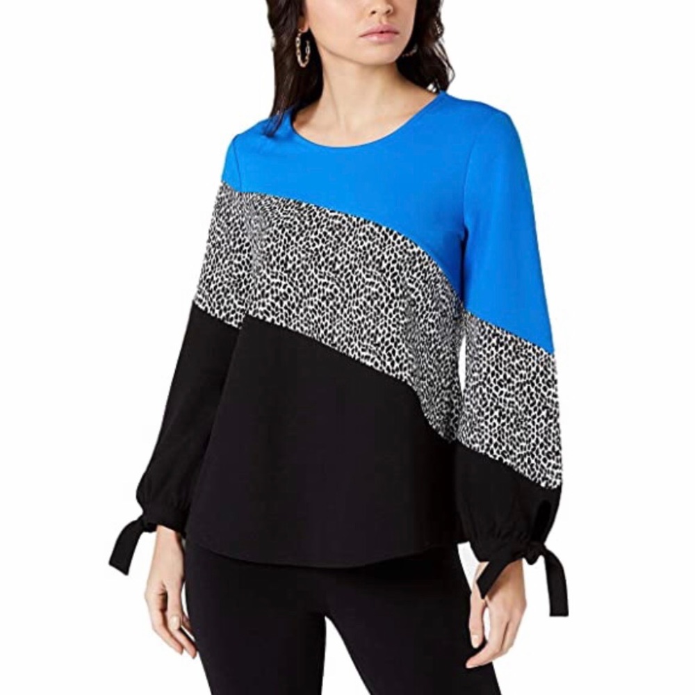 NWT Alfani Blue Pebble Colorblock Tie Sleeve Top